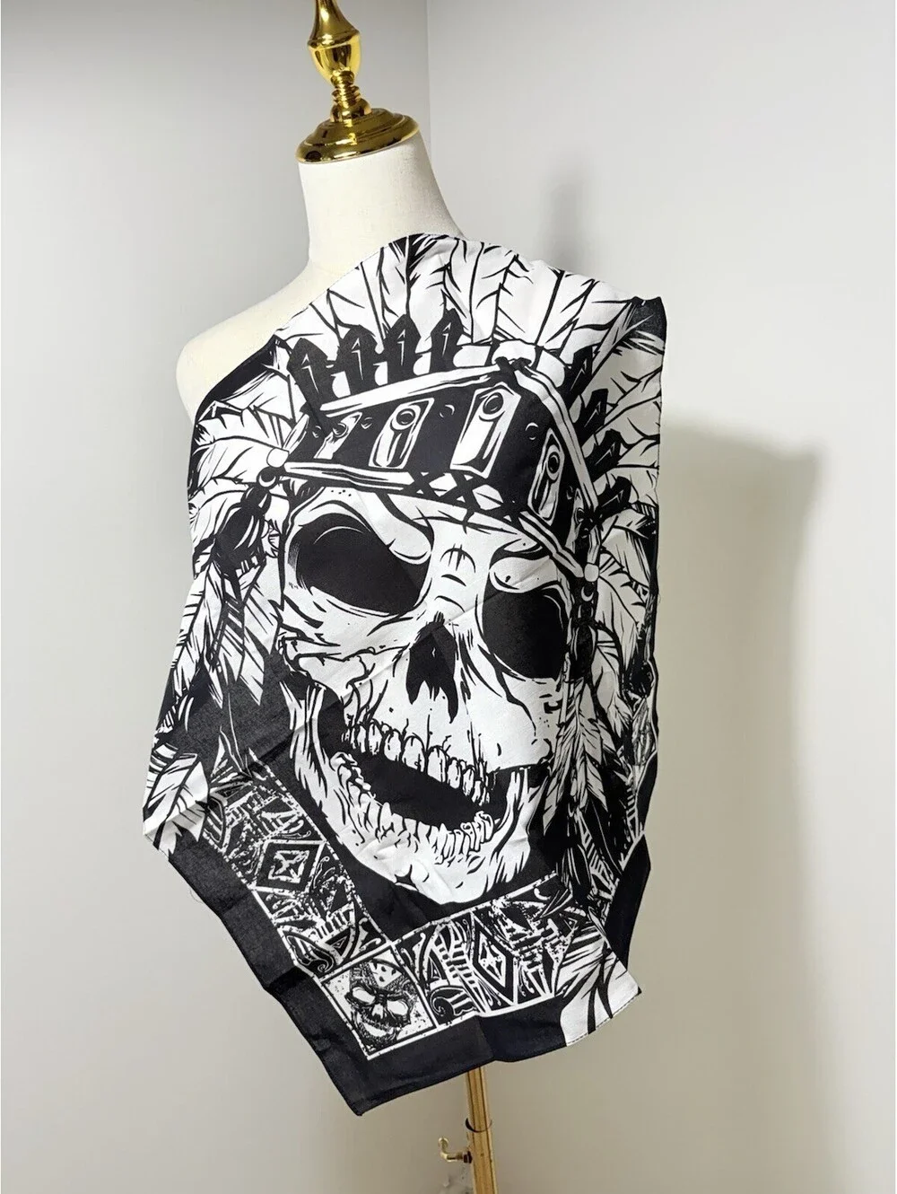 Unisex Square Scarf Black White Cotton Skull Graphic Print Logo